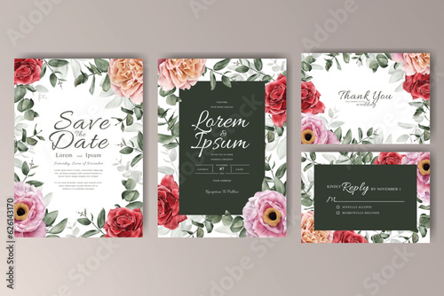 Set of Watercolor Floral Frame Wedding Invitation Template