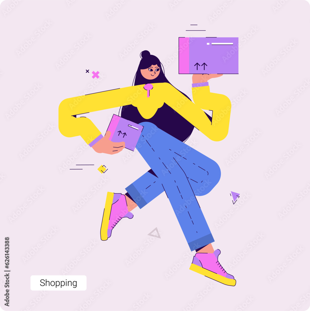 Conceptual vector business illustration of Woman holding package box up by her hands. Person working as a courier, delivery service. Conceptual vector business illustration of Woman holding package box up by her hands. Person working as a courier, delivery service.