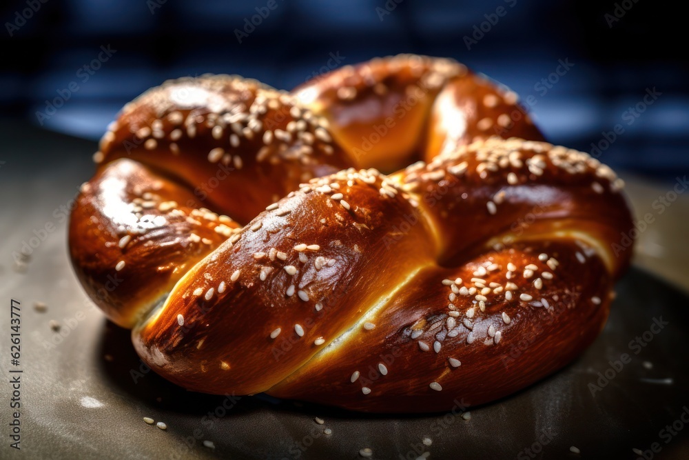 pretzel with sesame seeds sitting on a table, created by Generative AI