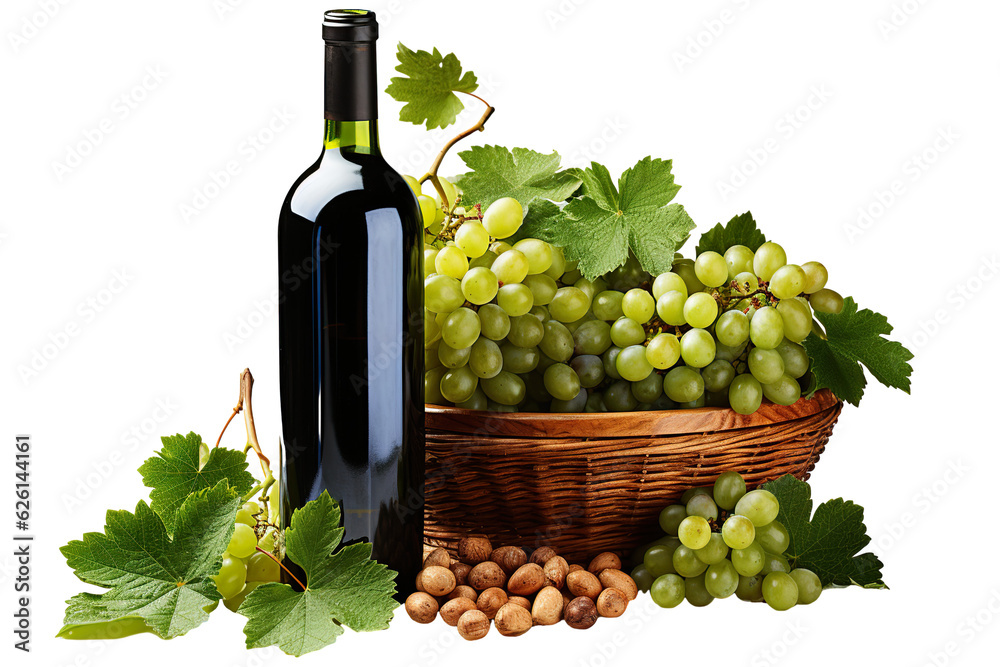a realistic portrait of a bottle of wine and green grapes in a basket isolated on white background