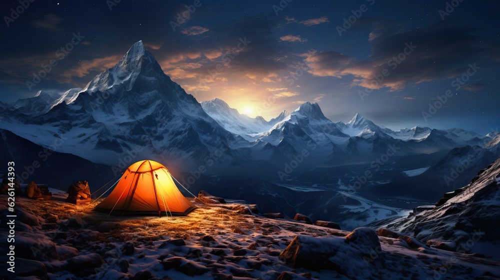 tent on a snowed mountain range in the evening, generative ai