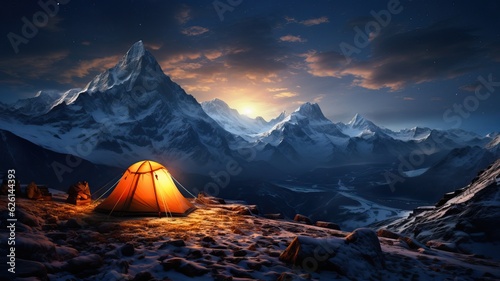 tent on a snowed mountain range in the evening, generative ai