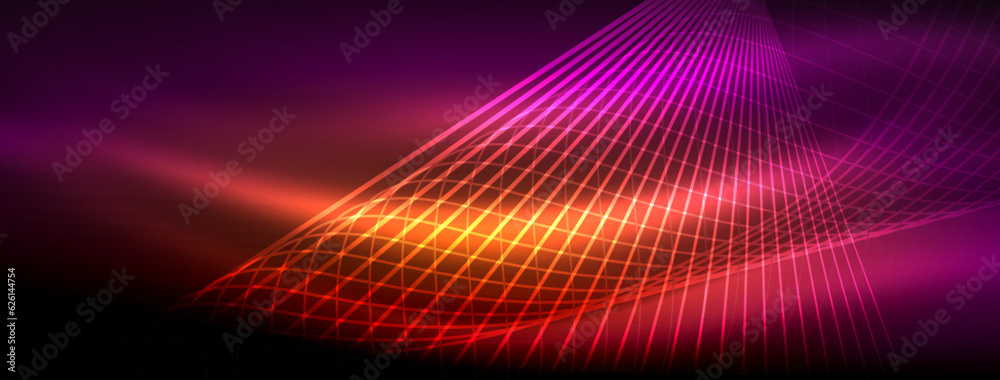 Obraz premium Glowing neon wave abstract background - vibrant, luminescent waves pulsate in a captivating and electrifying display