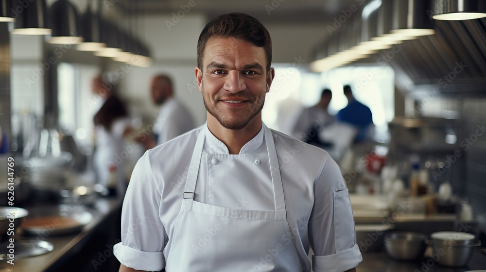 Fototapeta premium Smiling chef in a restaurant kitchen, generative ai