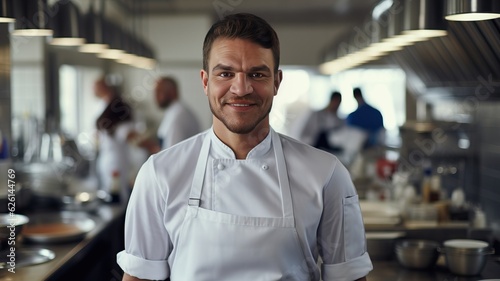 Smiling chef in a restaurant kitchen, generative ai