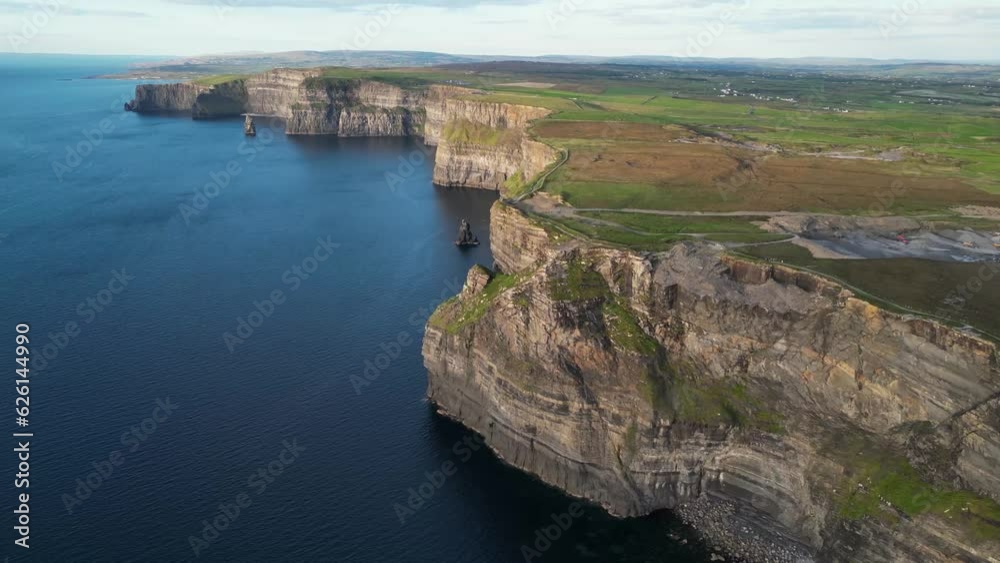 Drone shot panning right to left along the Cliffs of Moher at sunset. Shot from a distance to show the whole coast line.