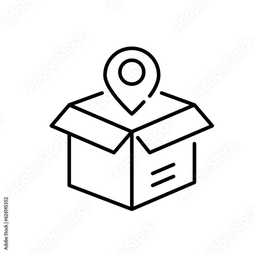 Delivery location. Open box and map pointer. Pixel perfect, editable stroke icon