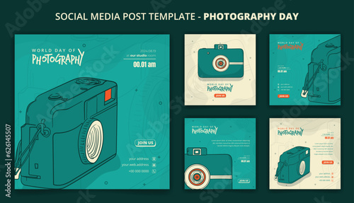 Green social media post template with pocket camera vector illustration for photography day campaign