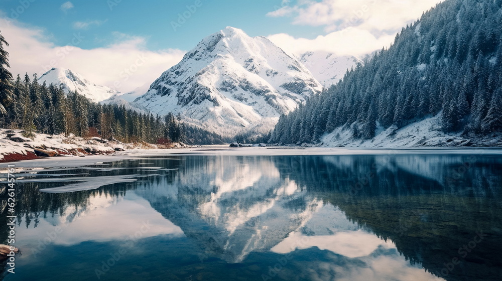 Mountain lake with snow and reflection in the water. Beautiful winter landscape. AI generated Illustration