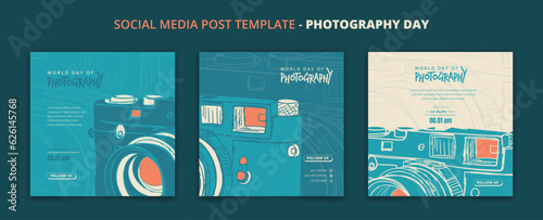 Set of social media post template with flat camera vector illustration for photography day campaign
