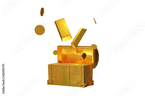 3d Illustration , Ingot and coin of gold treasure chest