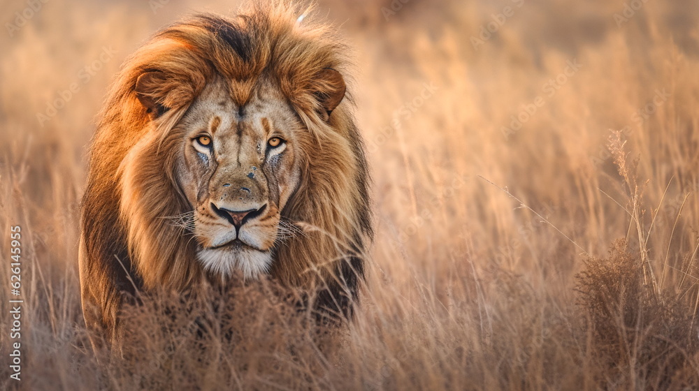 Illustration of Male lion standing in the grass in the Okavango Delta, Botswana. AI generated Illustration Illustration of Male lion standing in the grass in the Okavango Delta, Botswana. AI generated Illustration