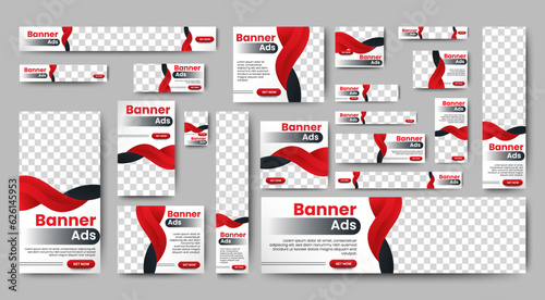 Professional business web ad banner template with photo place. Modern layout white background and Vivid red shape and text design