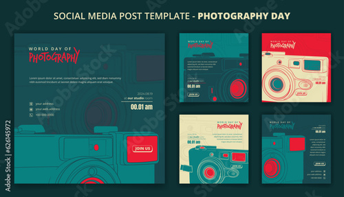 Social media template in green background with pocket camera design for photography day campaign
