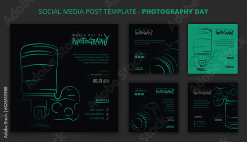 Black green social media post template with line art of camera design for photography day campaign