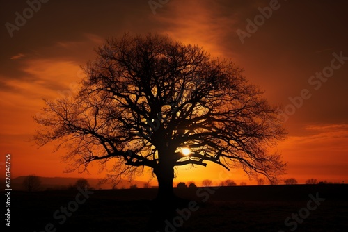 Dramatic sunrise at countryside. Sun is just behind the tree, Generative ai
