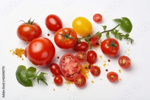Fresh ripe tomatoes, garlic and herbs isolated on white background. Top view., Generative ai