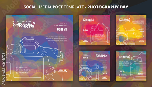 Colorful social media post template with hand drawn of camera for photography day campaign