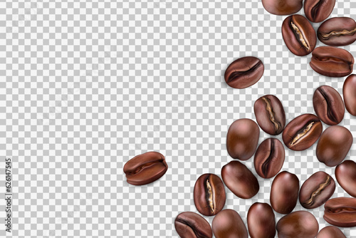 Coffee beans. Realistic 3d seeds, fresh roast, isolated arabica or robusta on transparent background. Espresso or americano ingredient, menu cover. Caffeine drinks backdrop. Vector banner template