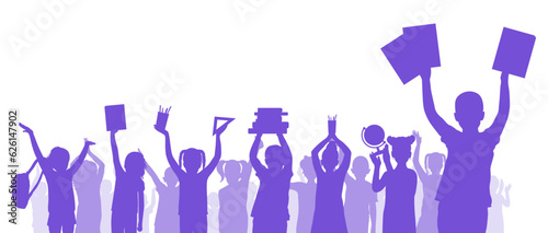 Back to school. Happy school children or first graders with books, globe, etc. (school supplies) on background of cheerful crowd of children. Silhouette. Vector illustration.