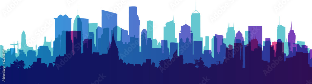 Colorful city skyline. Urban panoramic silhouette. Vector horizontal banner of cityscape in overlay style.