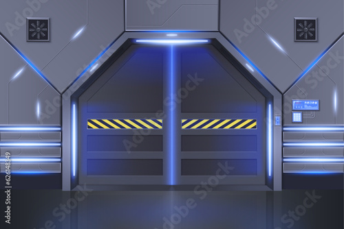 Spaceship door. Metal space ship interior. Sliding gate inside hexagon wall. Laboratory lock. Empty hallway. Futuristic elevator doorway. Glowing lamps. Shuttle design. Vector 3D background