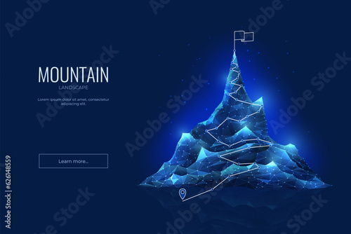 3D mountain. Digital route banner. Business success and progress. Leader technology for career challenge. Climbing path map. Blue polygon rock. Winning target. Vector abstract background