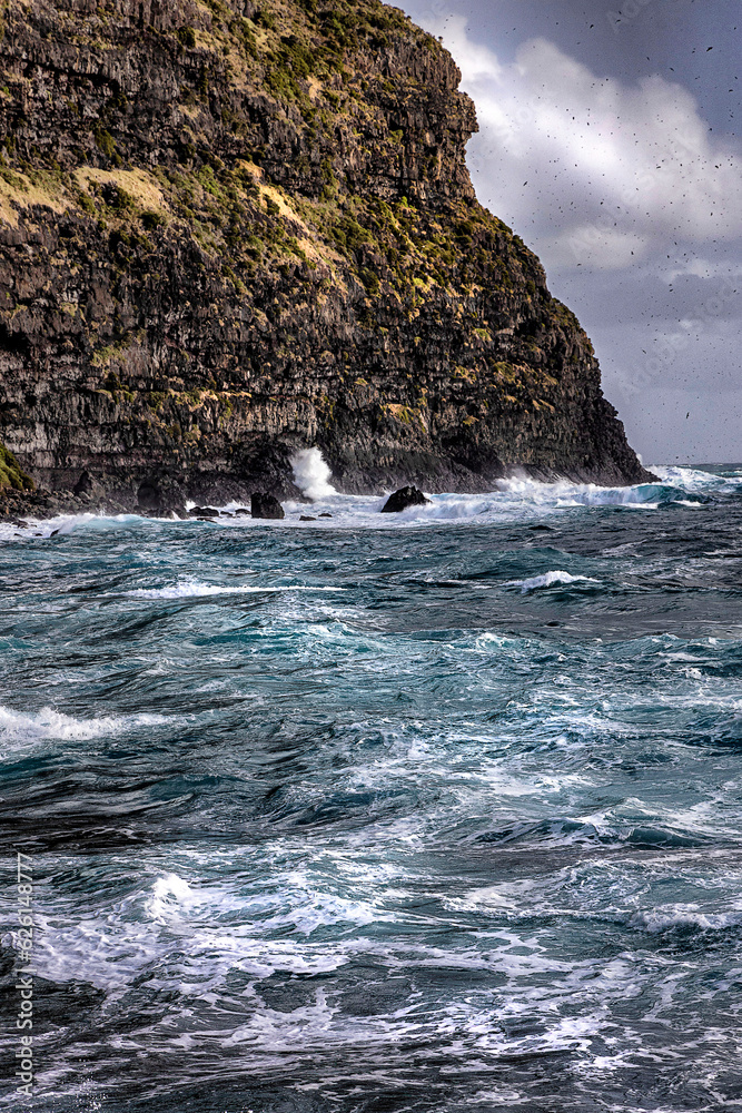 Stormy sea near Little Island, Lord Howe Island, Australia with seabirds in the sky.