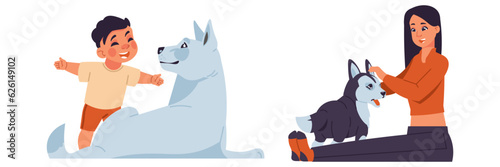 Dog owners. Little kid with domestic animal. Woman caring husky puppy. Canine purebred breeds. People playing with doggy companions. Veterinary and pets adoption. Funny mammals vector set