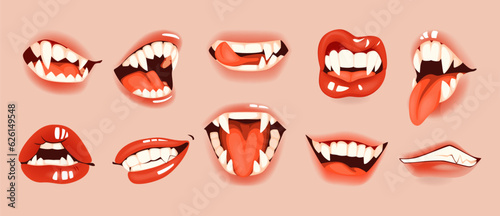 Joker mouth. Halloween smile. Creepy face mask. Vampire jaw. Evil fangs grin. Horror beauty. Sexy red lips and tongue. Devil teeth. Vector cartoon mystery facial isolated elements set