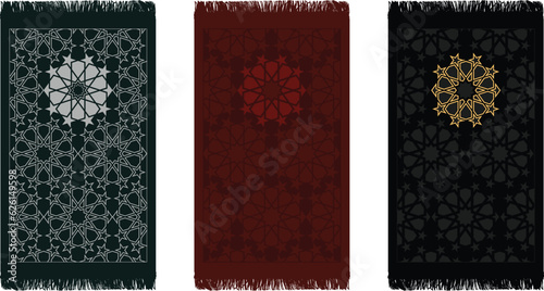Islamic Cool Dark Green Red Black Color Prayer Mat Rug Arabic Design