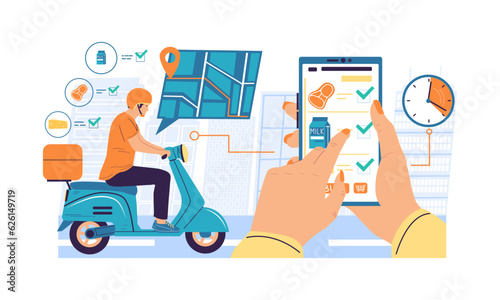 Online delivery app. Women holding smartphone and making order in grocery shopping service. Courier on scooter quickly brings purchases. Vector mobile application with navigation system