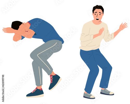 Scared people. Frightened nervous men. Negative emotion expression. Phobia or fear. Panicked male. Worried guys. Shocked boys. Scream in horror. Isolated terrified persons vector set