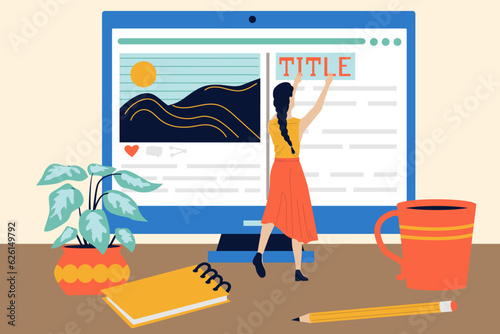 Copywriters work. Text title editing. Computer screen on table and tiny woman. Freelance web job. Bloggers content creation. Author article copywriting. Blog manage. Vector concept