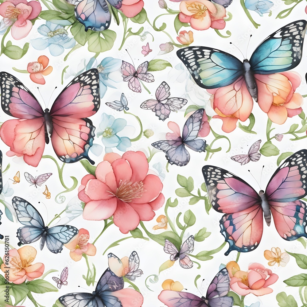 Artistic abstract background with butterflys and flowers on white background, seamless pattern design