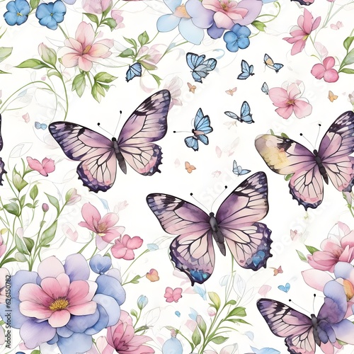 Artistic abstract background with butterflys and flowers on white background  seamless pattern design 