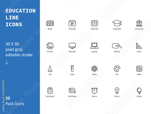 Education Line Icon Set, Minimal Vector Illustration, Simple Outline Sign of UI/UX, Editable Stroke