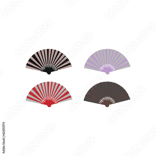 Realistic  Different Color  Hand Fans Set Symbol of Culture. Vector illustration of Paper Folding Fan. Decorative folding fan set for man and woman. Vector illustration. Isolated on Grey background.