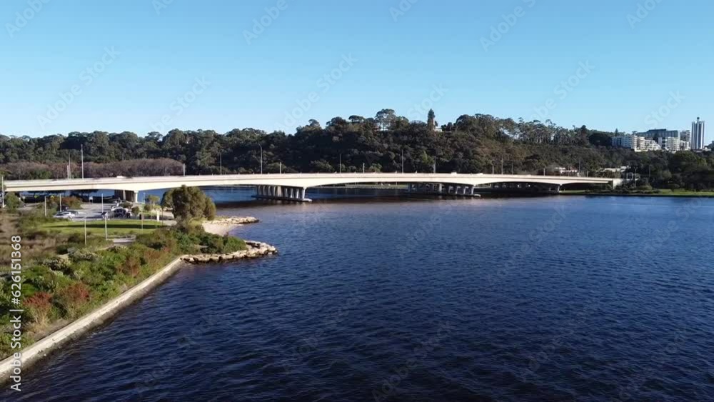 Drone Aerial View of South Perth foreshore along Swan River ascending over Narrows Bridge with Freeway to Kings Park Drone Aerial View of South Perth foreshore along Swan River ascending over Narrows Bridge with Freeway to Kings Park