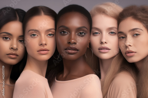 Obraz na płótnie Inclusive Beauty: Diverse Women Embracing Beauty Glamour and Neutral Fashion Campaign Retouched Powerful Generative AI w salonie