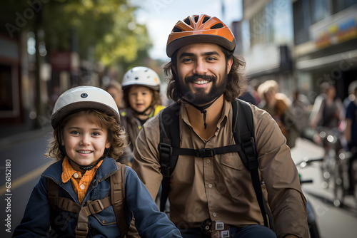 Urban family enjoying a leisurely bike ride with helmet through a bustling city. © Martin Mohan