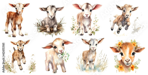 cute baby goat watercolor set, isolated on Background, generated ai 