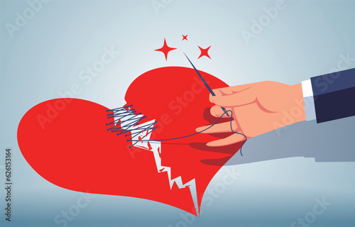 Relationship Repair, Emotional Specialist, Marriage or Family Relationship Mending or Reconciliation, Repair of Business Relationships, Hand holding a needle and thread to sew up a cracked heart shape
