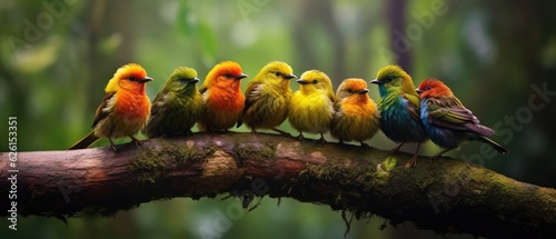 a group of colorful birds on branch of tree in green forest, Generative AI photo