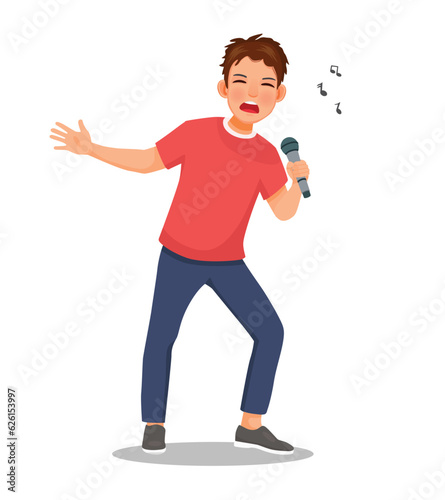 Young man singer singing song with microphone