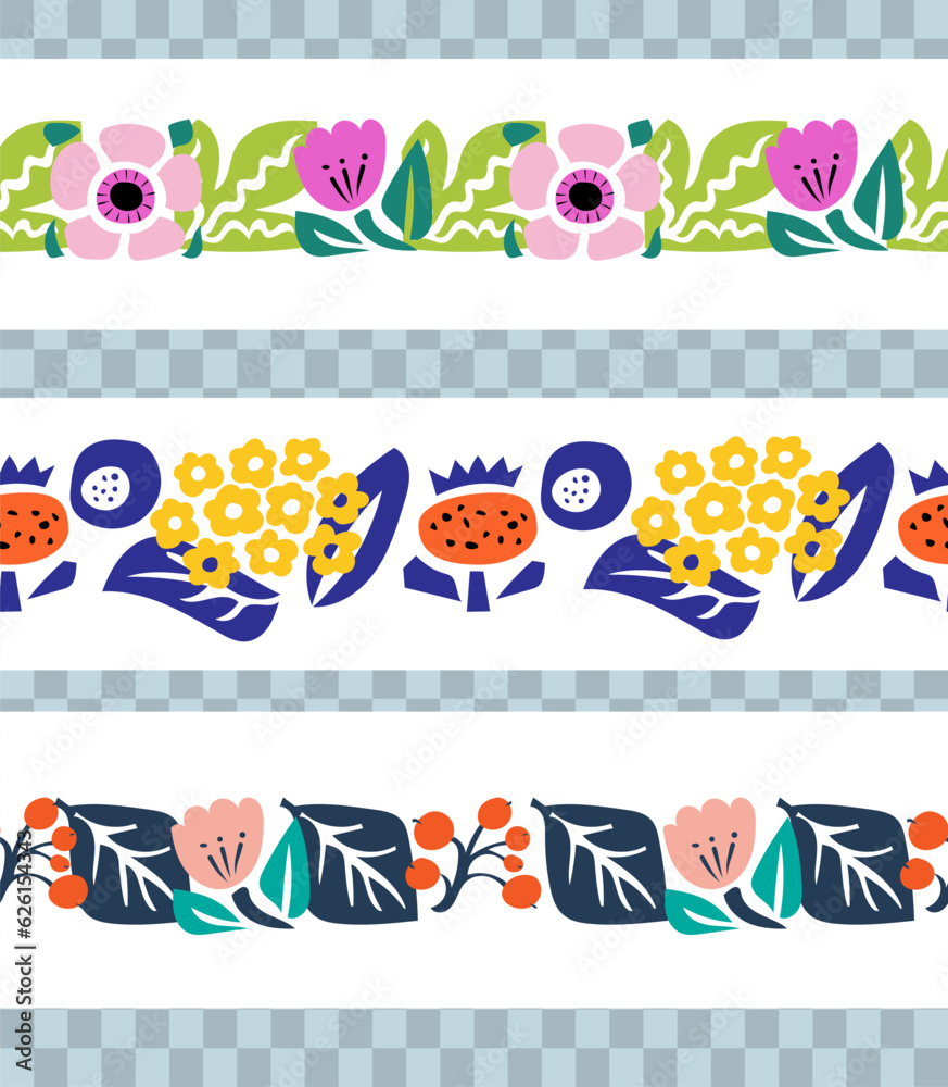 Border pattern with flowers in trendy retro trippy style. Hippie 60s, 70s style.