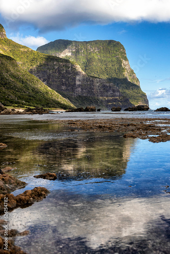 Reflections at Salmon Beach looking towards Mount Lidgbird and Mount Gower, Lord Howe Island, Australia © Colin