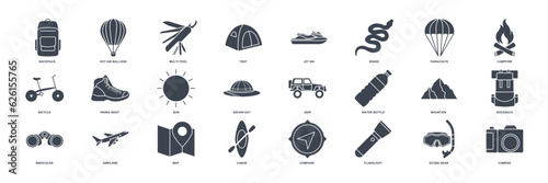 adventure icon set, summer camping trip symbols collection, logo illustrations, tourism or hiking sign package isolated vector illustration
