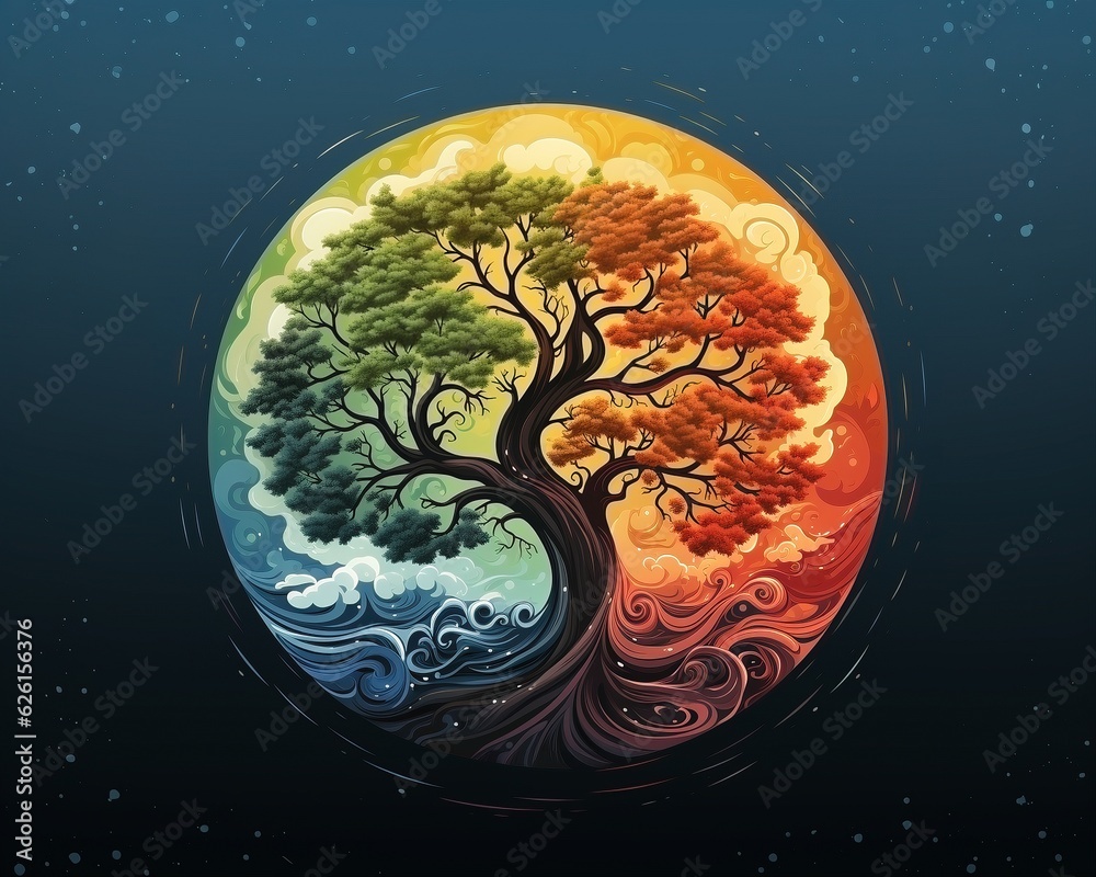 Fototapeta premium Beautiful tree with vibrant colors representing the seasons, AI-generated