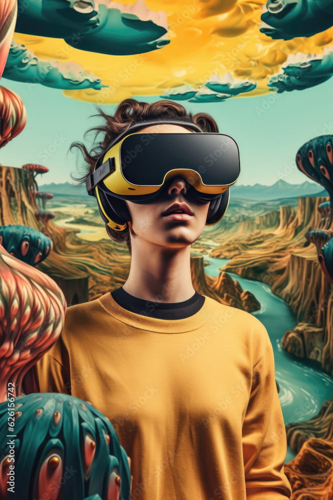 Person with Virtual Headset Immersed in Colorful Orange and Yellow Surroundings, Generative AI